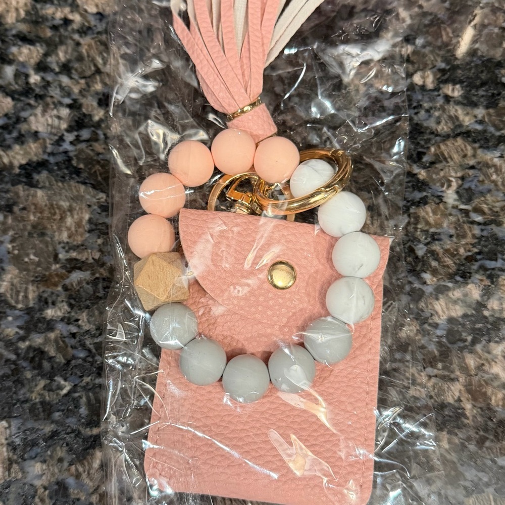 Pink and Gray Beaded Keychain Bracelet